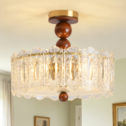 5-Light Antique Brass Wood Ball & Etched Glass Ceiling Light