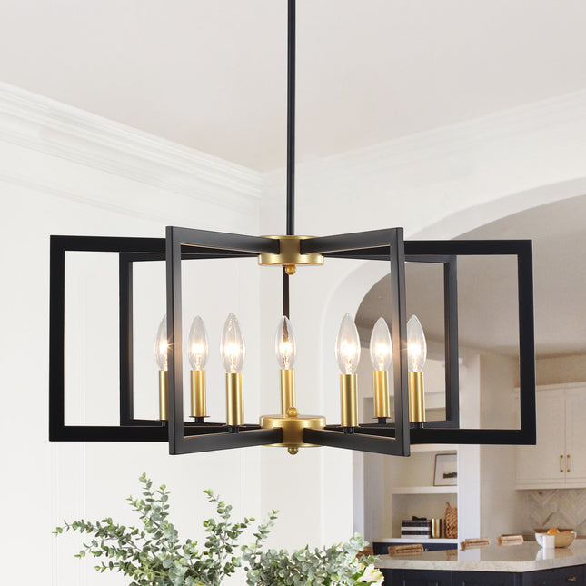 7-Light Black and Gold Geometric Candle Chandelier