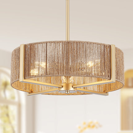 Rustic Black 5-Bulb Rattan Drum Ceiling Light