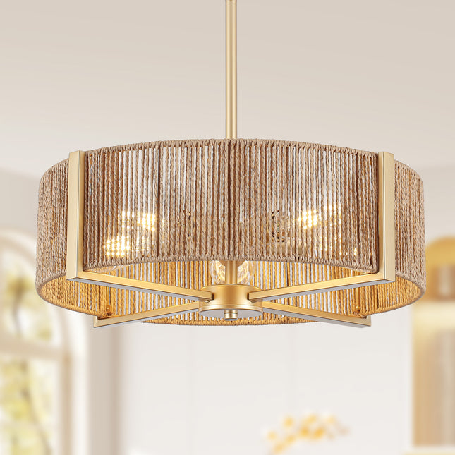 Rustic Black 5-Bulb Rattan Drum Ceiling Light