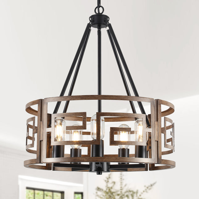 5-Light Farmhouse Wood Drum Chandelier