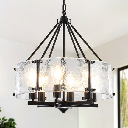 6-Light Matte Black Textured Glass Drum Chandelier