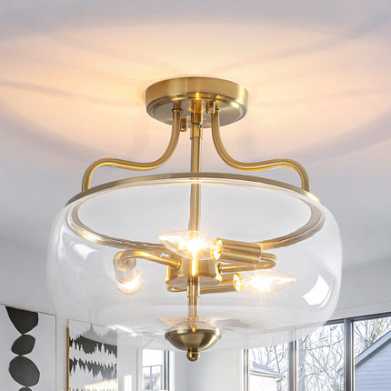 3-Light Brushed Brass Clear Glass Ceiling Light