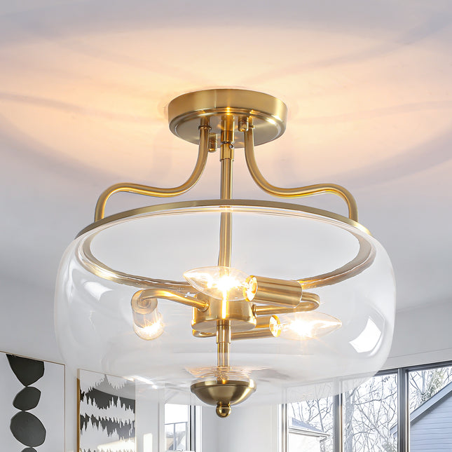 3-Light Brushed Brass Clear Glass Ceiling Light