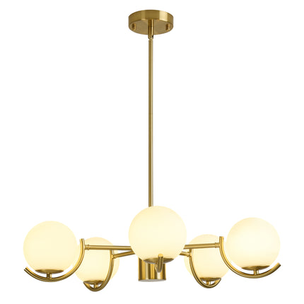 5-Light Brushed Brass Convertible Globe Ceiling Light with Milk Glass