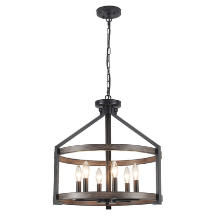 Rustic 6-Light Faux Wood & Black Drum Chandelier