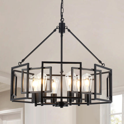 Large 6-Light Black Geometric Iron Chandelier
