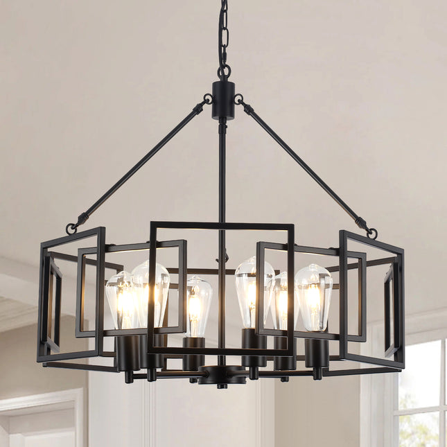 Large 6-Light Black Geometric Iron Chandelier