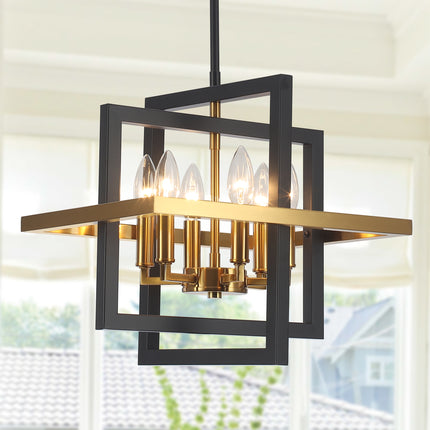 Geometric Black and Brass 6-Light Frame Pendant Light