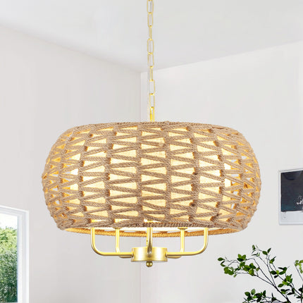 Modern Coastal Hemp Rope Drum Chandelier