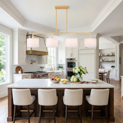 4-Light Matte Gold Island Light with White Drum Fabric Shades