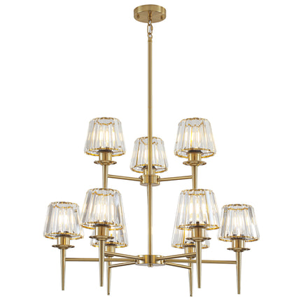 9-Light 2-Tier Brass Chandelier with Fluted Cone Glass