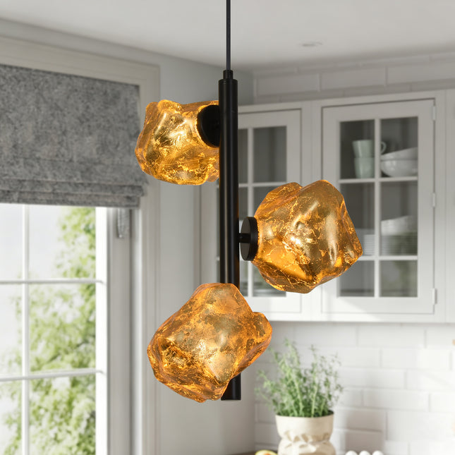 3-Light Matte Black Irregular Glass Pendant