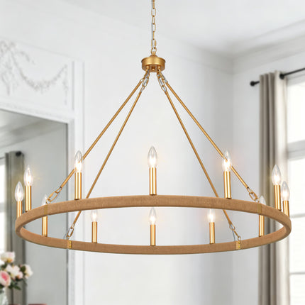 12-Light Matte Gold Rope Wagon Wheel Chandelier