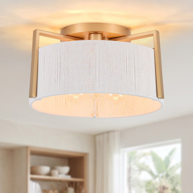 Matte Gold 3-Bulb Cotton Drum Flush Mount Lighting