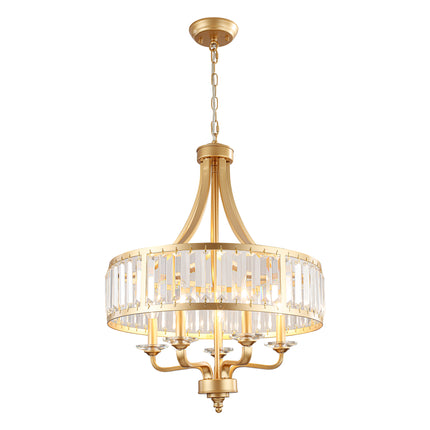5-Light Brushed Brass Candle Chandelier with Crystal Rod Shades