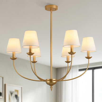 6-Light Brushed Brass Candle Chandelier with Linen Shades