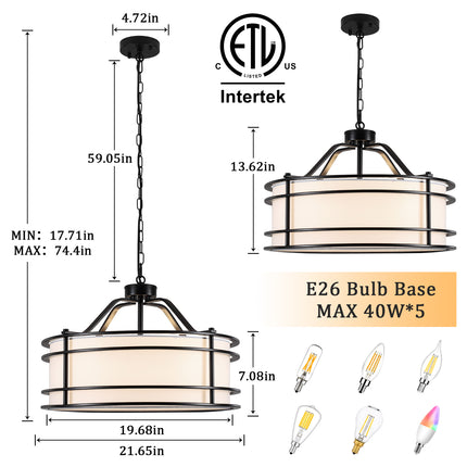 5-Light Matte Black Chandelier with Fabric Drum Shade
