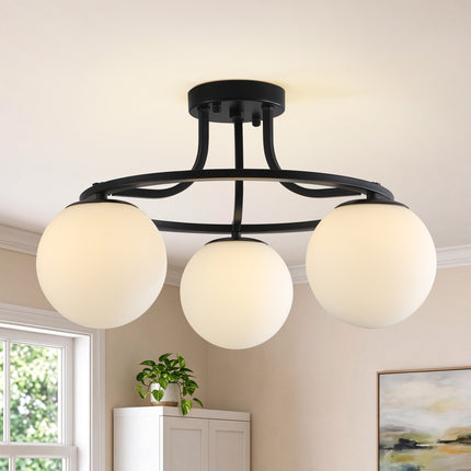 3-Light Satin Nickel Globe Ceiling Light with Frosted White Glass