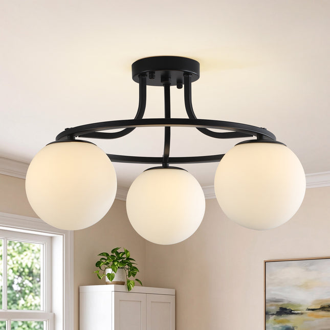 3-Light Satin Nickel Globe Ceiling Light with Frosted White Glass
