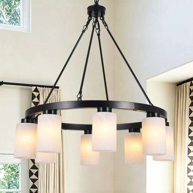 8-Light Black Wagon Wheel Chandelier with Frosted Glass