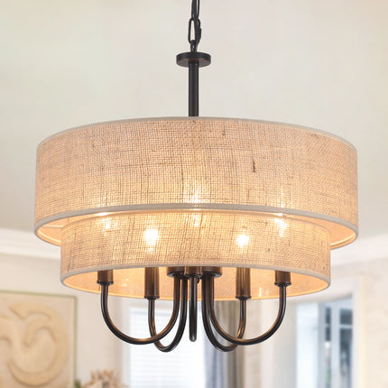 Rustic Black 2-Tier Linen Chandelier 5-Light