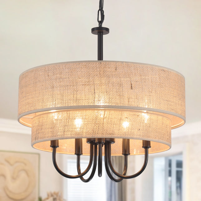 Rustic Black 2-Tier Linen Chandelier 5-Light