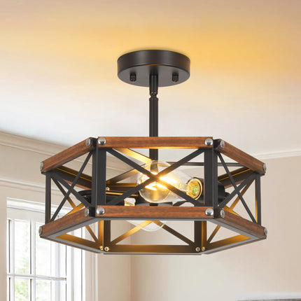 2-Light Rustic Wood Geometric Ceiling Light