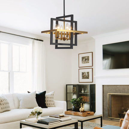 Geometric Black and Brass 6-Light Frame Pendant Light