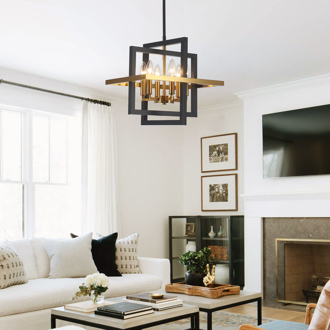 Geometric Black and Brass 6-Light Frame Pendant Light