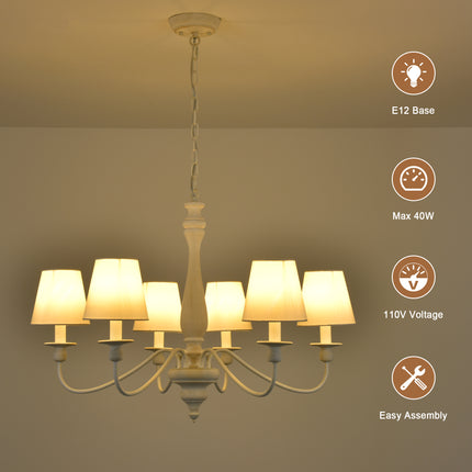 6-Light Antique White Wood Farmhouse Chandelier with Fabric Shades