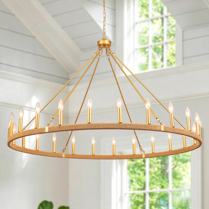 24-Light Matte Gold Rope Wagon Wheel Chandelier