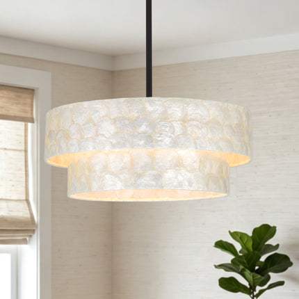5-Light Black 2-Tier Capiz Shell Drum Chandelier