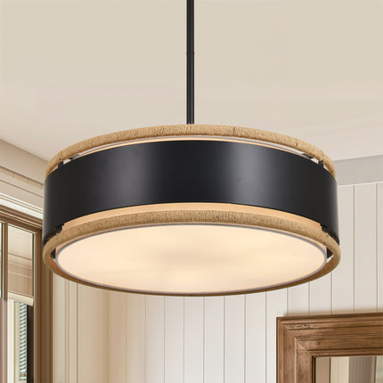 5-Light Black Rope Drum Pendant