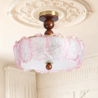 5-Light Brass Wood Ball & Pink Flower Glass Ceiling Light