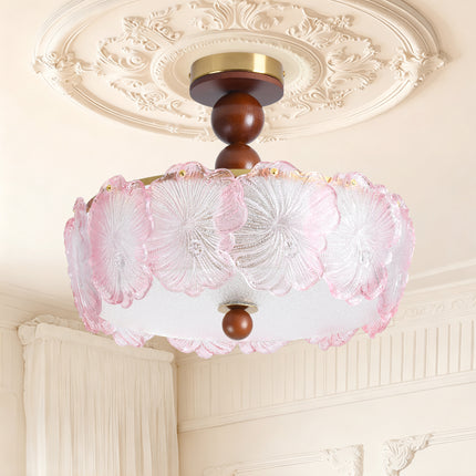 5-Light Brass Wood Ball & Pink Flower Glass Ceiling Light