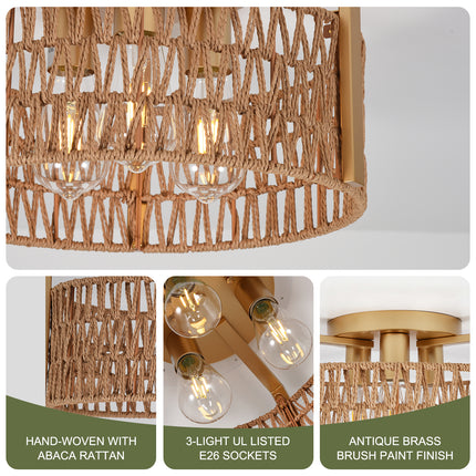 3-Light Matte Gold Woven Rope Ceiling Light