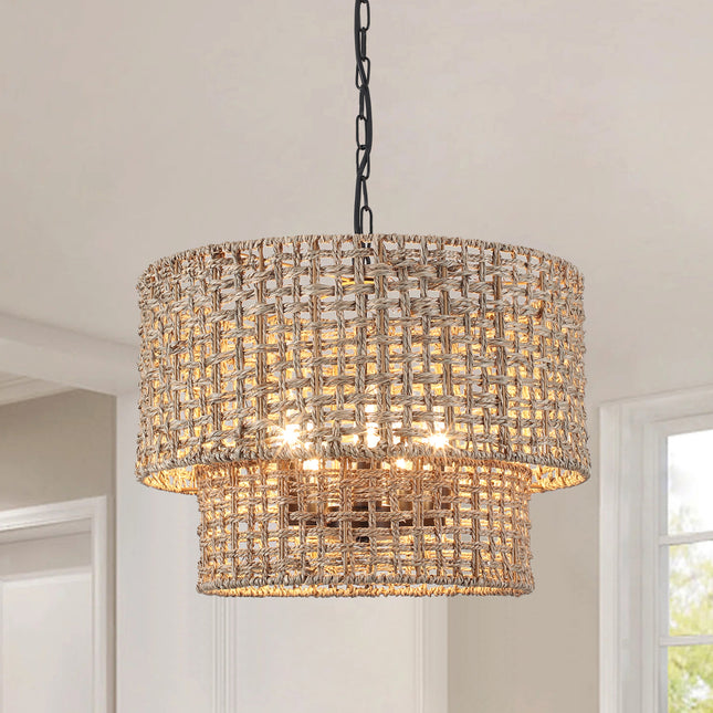 5-Light 2-Tier Woven Seagrass pendant light