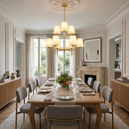 9-Light 2-Tier Matte Gold Chandelier with White Linen Shades