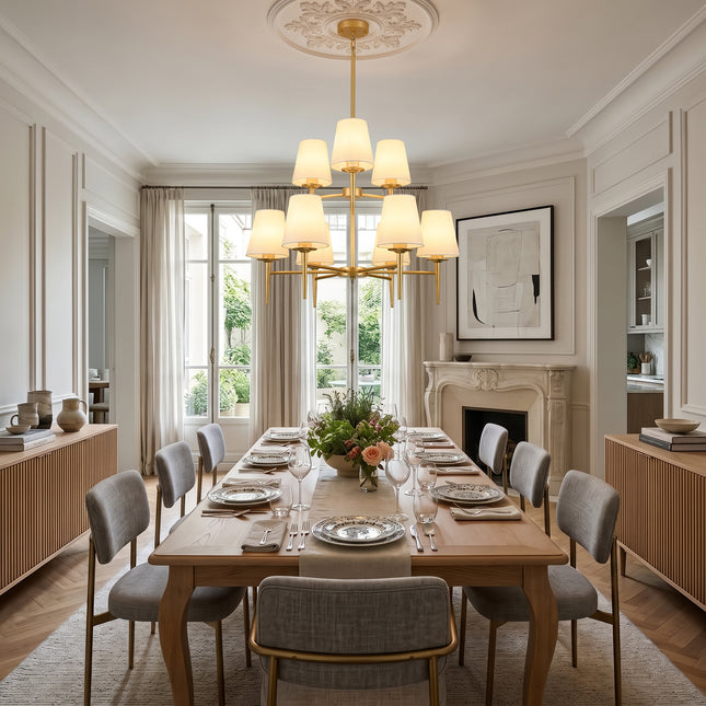 9-Light 2-Tier Matte Gold Chandelier with White Linen Shades