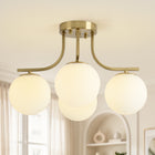 4-Light Brushed Brass Milk Glass Globe Semi Flush Mount