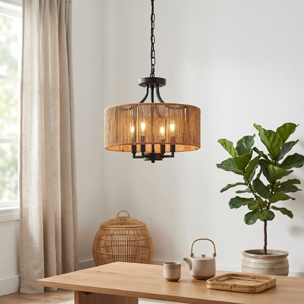 Organic Modern 4-Light Woven Drum Chandelier