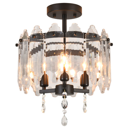 3-Light Matte Black Crystal Flush Mount Ceiling
