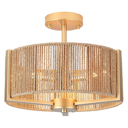 Rustic Black 3-Bulb Rattan Drum Ceiling Light