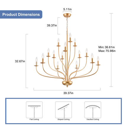3-Tier 15-Light Matte Black Candelabra Chandelier
