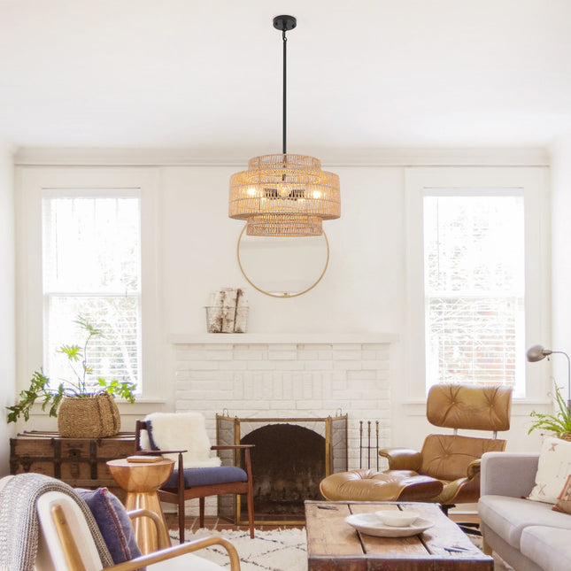 3-Light -Brown & Black Tiered Woven Paper Pendant Light