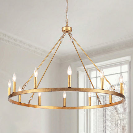 12-Light Antique Gold Wagon Wheel Chandelier