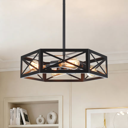4-Light Industrial Black Geometric Cage Chandelier