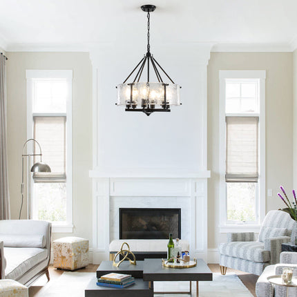 6-Light Matte Black Textured Glass Drum Chandelier
