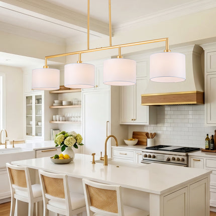 4-Light Matte Gold Island Light with White Drum Fabric Shades